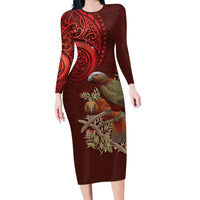 New Zealand Kaka Bird Personalised Long Sleeve Bodycon Dress Pohutukawa Matariki Maori Pattern LT22 Long Dress Red - Polynesian Pride