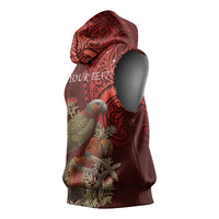 New Zealand Kaka Bird Personalised Sleeveless Hoodie Pohutukawa Matariki Maori Pattern