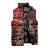 New Zealand Kaka Bird Personalised Sleeveless Puffer Jacket Pohutukawa Matariki Maori Pattern