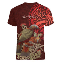 New Zealand Kaka Bird Personalised Women V-Neck T-Shirt Pohutukawa Matariki Maori Pattern LT22 - Polynesian Pride