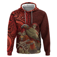 New Zealand Kaka Bird Personalised Zip Hoodie Pohutukawa Matariki Maori Pattern