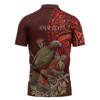 New Zealand Kaka Bird Personalised Zipper Polo Shirt Pohutukawa Matariki Maori Pattern