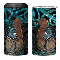 New Zealand Tui Bird Wahaika 4 in 1 Can Cooler Tumbler Maori Weapon Paua Shell Koru Pattern