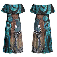 New Zealand Tui Bird Wahaika Couples Matching Off Shoulder Maxi Dress and Hawaiian Shirt Maori Weapon Paua Shell Koru Pattern