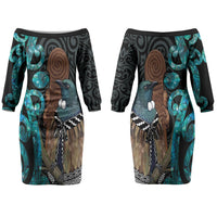 New Zealand Tui Bird Wahaika Couples Matching Off The Shoulder Long Sleeve Dress and Hawaiian Shirt Maori Weapon Paua Shell Koru Pattern