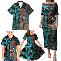 New Zealand Tui Bird Wahaika Family Matching Puletasi and Hawaiian Shirt Maori Weapon Paua Shell Koru Pattern