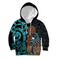 New Zealand Tui Bird Wahaika Kid Hoodie Maori Weapon Paua Shell Koru Pattern