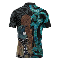 New Zealand Tui Bird Wahaika Zipper Polo Shirt Maori Weapon Paua Shell Koru Pattern