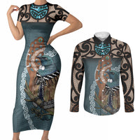 New Zealand Tui Bird Maripi Couples Matching Short Sleeve Bodycon Dress and Long Sleeve Button Shirt Maori Weapon Kowhaiwhai Pattern