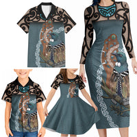 New Zealand Tui Bird Maripi Family Matching Long Sleeve Bodycon Dress and Hawaiian Shirt Maori Weapon Kowhaiwhai Pattern