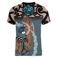 New Zealand Tui Bird Maripi Women V-Neck T-Shirt Maori Weapon Kowhaiwhai Pattern
