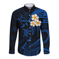 Personalised Molokai Hawaii Long Sleeve Button Shirt Polynesian Tattoo and Pacific Plumeria Blue Vibe LT9 Unisex Blue - Polynesian Pride