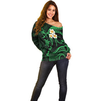 Personalised Oahu Hawaii Off Shoulder Sweater Polynesian Tattoo and Pacific Plumeria Green Vibe LT9 - Polynesian Pride
