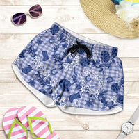 Mokihana Maile Ilima Leis Paniolo Palaka Shorts for Women Hawaiian Polu Spirit LT9 Blue - Polynesian Pride