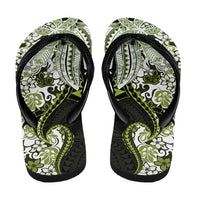 Monstera Plumeria Flowers Olive Green Flip Flops Polynesian Pattern
