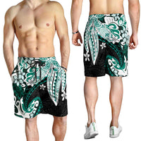 Monstera Plumeria Flowers Teal Shorts for Men Polynesian Pattern