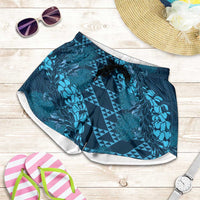 Naval Night Aloha Hawaii Shorts for Women Hawaiian Kakau Ohia Lehua Lei LT14 Blue - Polynesian Pride