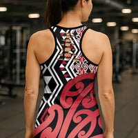 New Zealand Hollow Tank Top Aotearoa Kowhaiwhai Mix Taniko Art - Red LT14 - Polynesian Pride