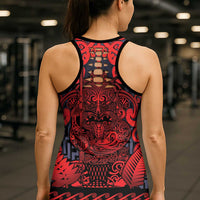 New Zealand Taiaha Maori Hollow Tank Top Whero Minimalist Silver Fern Tukutuku Motif LT9 - Polynesian Pride