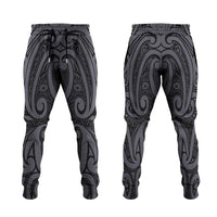 New Zealand Taiaha Maori Jogger Pants Minimalist Silver Fern All Black LT9 Black - Polynesian Pride
