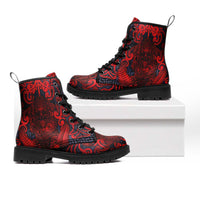 New Zealand Taiaha Maori Leather Boots Whero Minimalist Silver Fern Tukutuku Motif LT9 Red - Polynesian Pride
