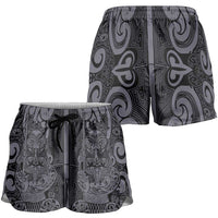 New Zealand Taiaha Maori Shorts for Women Minimalist Silver Fern All Black LT9 - Polynesian Pride