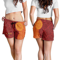 Niue Polynesian Hiapo Tattoo Art Shorts for Women Half Style Red Yellow Color LT03 - Polynesian Pride