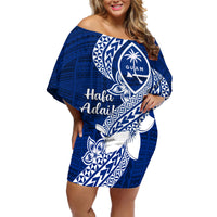 Hafa Adai Guam Family Matching Off Shoulder Short Dress and Hawaiian Shirt Polynesian Floral Blue Pattern LT01 Mom's Dress Blue - Polynesian Pride