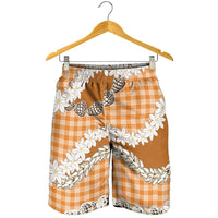 Orange Hawaii Tiare and Shell Lei Shorts for Men Hawaiian Palaka Luxury Vibes - Polynesian Pride
