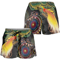 Papua New Guinea and Australia Together Shorts for Women Bird of Paradise and Kangaroo Melanesian Aboriginal Motifs LT03 - Polynesian Pride