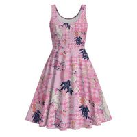 Pink Palaka Crane and Flowers Midi Dress Japan Heritage Spirit - Polynesian Pride