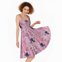 Pink Palaka Crane and Flowers Midi Dress Japan Heritage Spirit - Polynesian Pride