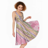 Pink Palaka Hawaii Leis Midi Dress Hawaiian-plaid Elegant Tropical Vibes - Polynesian Pride