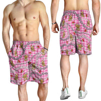 Pink Palaka Hawaii Mele Kalikimaka Shorts for Men Ohia Lehua Shell Leis Funny Gingerbread Santa LT14 - Polynesian Pride