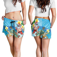 Polynesian Merry Christmas Shorts for Women Funny Santa with Sea Turtle on Beach and Plumeria LT03 - Polynesian Pride