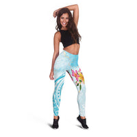Polynesian Women's Day Wahine Leggings Plumeria Marble Glaze - Turquoise LT7
