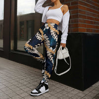 Puakenikeni Maile Lei Jogger Pants Frangipani Blue Tropical Leaves