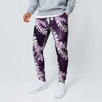 Puakenikeni Maile Lei Jogger Pants Frangipani Purple Tropical Leaves