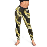 Puakenikeni Maile Lei Leggings Frangipani Yellow Tropical Leaves