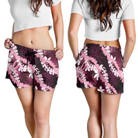 Puakenikeni Maile Lei Shorts for Women Frangipani Pink Tropical Leaves LT01 - Polynesian Pride