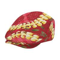 Red Palaka Hawaii Mele Kalikimaka Jeff Hat Ohia Lehua Monstera Puakenikeni Lei LT14 - Polynesian Pride