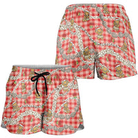 Red Palaka Hawaii Mele Kalikimaka Shorts for Women Ohia Lehua Shell Leis Funny Gingerbread Santa LT14 - Polynesian Pride