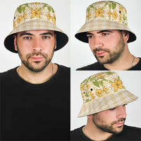 Squares Puakenikeni and Kalo Bucket Hat Beige Palaka Hawaiian Quilt Pattern - Polynesian Pride