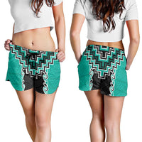 Teal Niho Taniwha Mix Poutama Shorts for Women Unique Taniko Aotearoa - Polynesian Pride