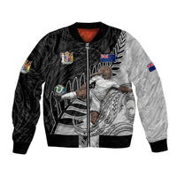 Personalized New Zealand Football Bomber Jacket Kiwi Mascot with Silver Fern - Maori Tribal Tattoo Art TS04 Unisex Black White - Polynesian Pride