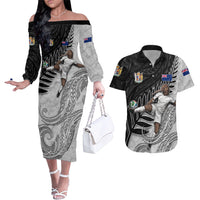Personalized New Zealand Football Couples Matching Off The Shoulder Long Sleeve Dress and Hawaiian Shirt Kiwi Mascot with Silver Fern - Maori Tribal Tattoo Art TS04 Black White - Polynesian Pride