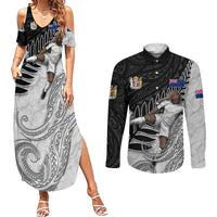 Personalized New Zealand Football Couples Matching Summer Maxi Dress and Long Sleeve Button Shirt Kiwi Mascot with Silver Fern - Maori Tribal Tattoo Art TS04 Black White - Polynesian Pride
