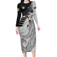 Personalized New Zealand Football Family Matching Long Sleeve Bodycon Dress and Hawaiian Shirt Kiwi Mascot with Silver Fern - Maori Tribal Tattoo Art TS04 Mom's Dress Black White - Polynesian Pride