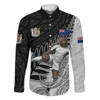 Personalized New Zealand Football Family Matching Off Shoulder Short Dress and Hawaiian Shirt Kiwi Mascot with Silver Fern - Maori Tribal Tattoo Art TS04 Dad's Shirt - Long Sleeve Black White - Polynesian Pride