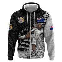 Personalized New Zealand Football Hoodie Kiwi Mascot with Silver Fern - Maori Tribal Tattoo Art TS04 Zip Hoodie Black White - Polynesian Pride